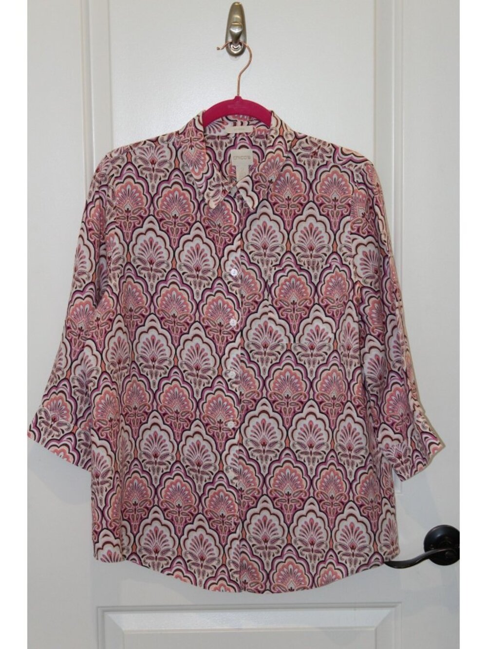 Chico's Blouse Top 100% Linen No Iron Boho Button Down Size 2 (US Size 12/L)
